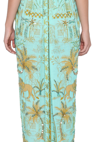 Hand Beaded Safari Halter Gown | Mustard and Aqua Lanka Panel