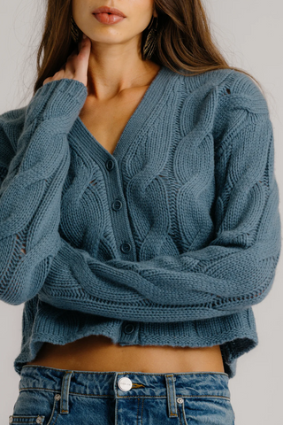 Jolie V-Neck Cropped Cable Cardigan | Smoky Blue