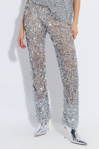 Net Mesh Sequin Flare Pant | Silver