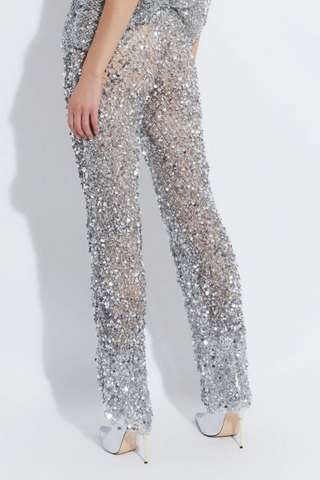 Net Mesh Sequin Flare Pant | Silver