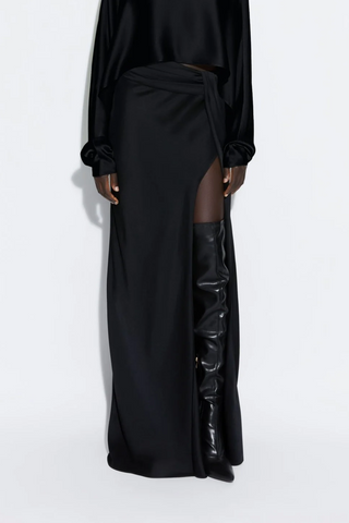 Satin Asymmetric Waist Maxi Skirt | Black