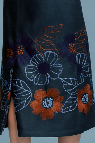 Layan Skirt | Navy Ochre Flower Embroidery