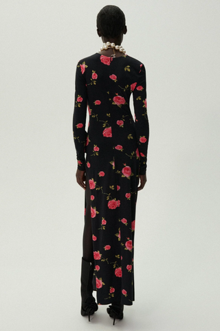Gathered Long Sleeve Maxi Dress | Black Print