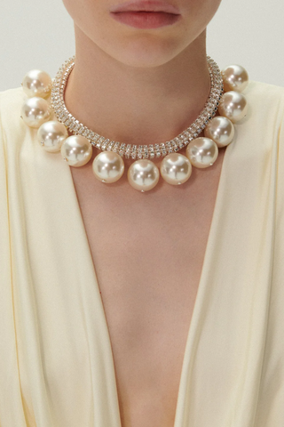 Crystal Mesh Collar Necklace with Pearls | Silver