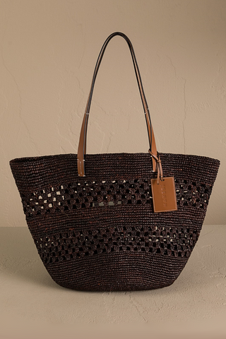 Weaving Raffia & Leather Basket Bag | Chocolate