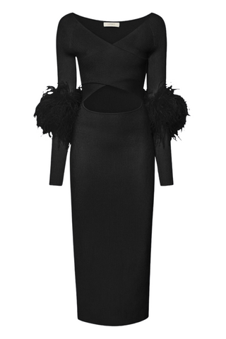 Matte Viscose Cross Front Dress With Feathers | Black