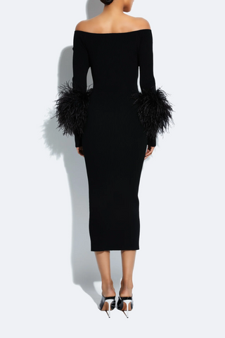 Matte Viscose Cross Front Dress With Feathers | Black