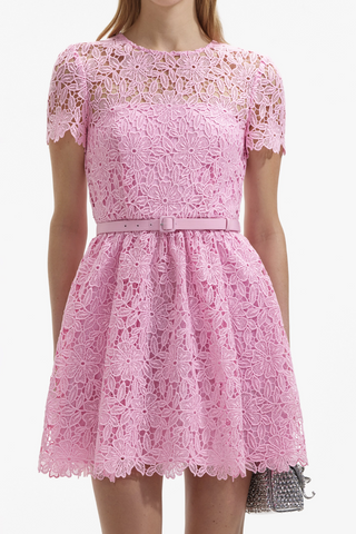 Guipure Round Neck Mini Dress | Pink