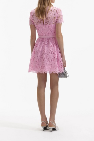 Guipure Round Neck Mini Dress | Pink