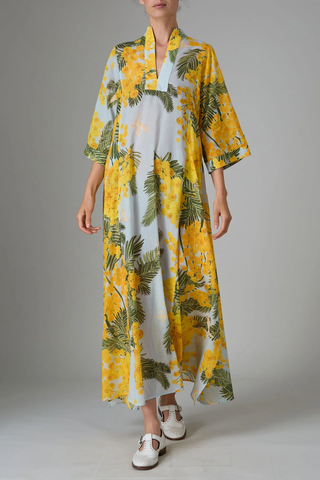 Rachel Voile Garden of Eden Print Kaftan | Yellow / Storm Blue