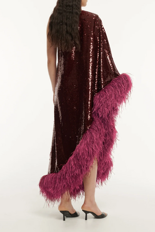 Asymmetric Sequin Feather Midi Dress | Maroon