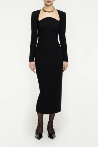 Long Sleeve Wool Crepe Midi Dress | Black