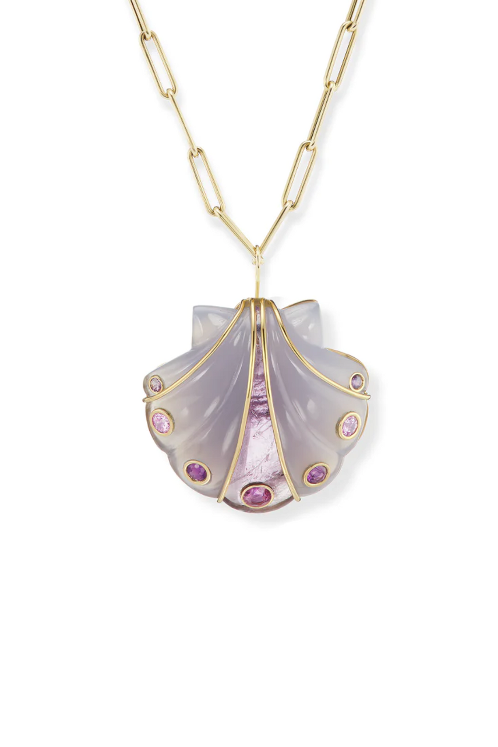 Small Stone Shell Pendant with Amethyst & Blue Chalcedony | Pink Sapph ...
