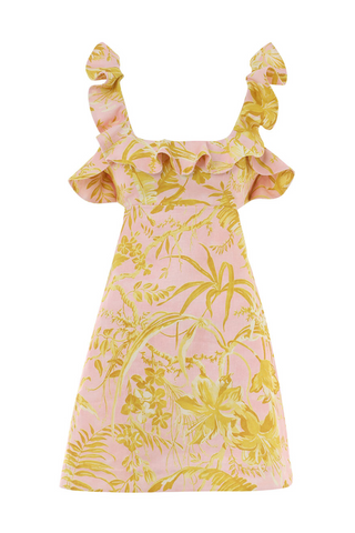 Golden Ruffle Mini Dress | Pink/Gold Floral