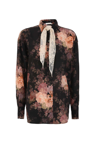 Illustration Lace Scarf Shirt | Black Rococo Floral