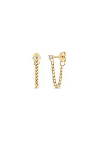 14k Prong Diamond Extra Small Curb Chain Huggie Earrings