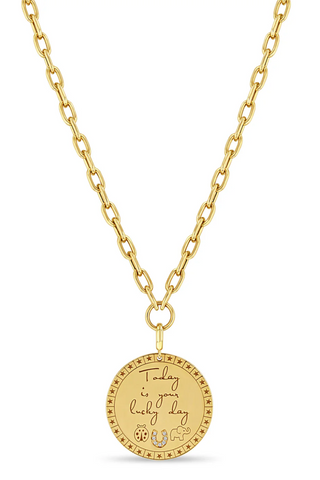 14K Large "Today Is Your Lucky Day" Mantra With Lucky Symbols Necklace