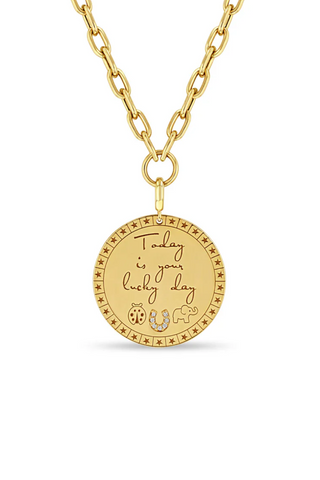 14K Large "Today Is Your Lucky Day" Mantra With Lucky Symbols Necklace