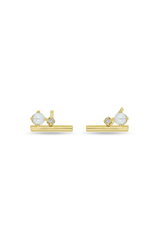 Gold Wire Studs | Freshwater Pearl and Diamond