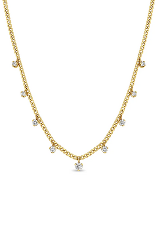 14K 9 Dangling Prong Diamond Extra Small Curb Chain Necklace