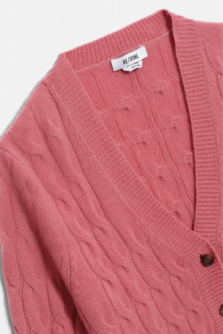 Cable V Neck Cardi | Old Rose