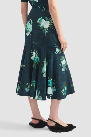 Floral Print Fluted Midi Skirt | Abstract Rose Navy