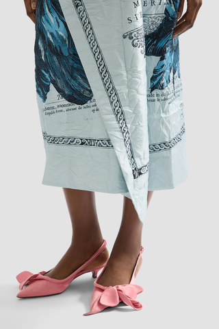 Floral Print Textured Satin Draped Midi Skirt | Etched Tulip Powder Blue