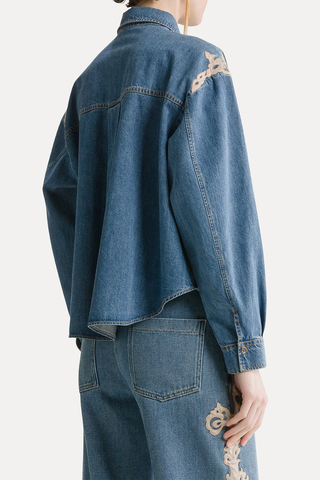Embroidered Indigo Twill Boxy Shirt | Celeste