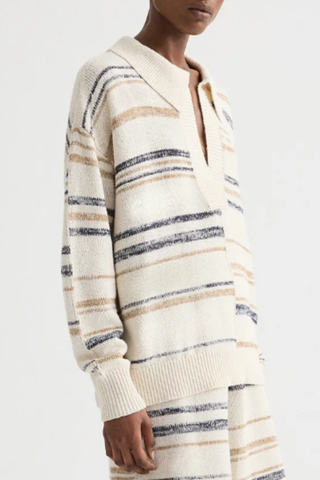 V Neck Long Sleeve Polo | Ivory Multi