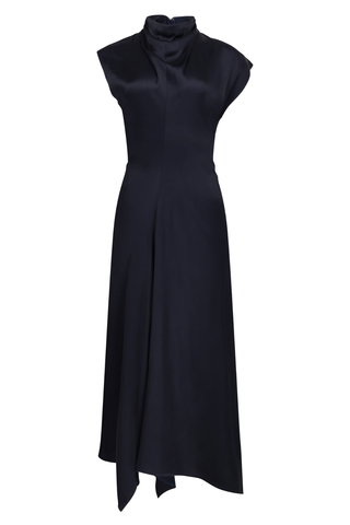High Neck Draped Midi Dress | Dark Navy