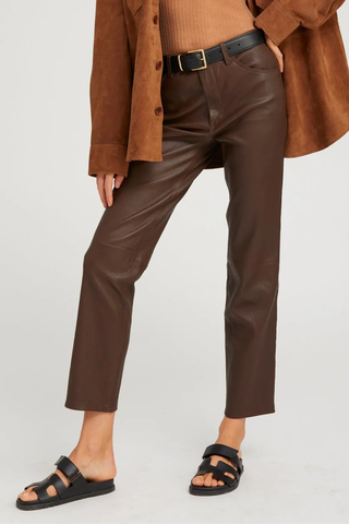 Leather 5 Pocket Ankle Slim Straight Pant | Milk Chocolate