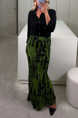 Camille Long Skirt | Black Delphinium On Green