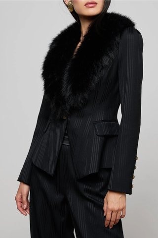 Kaisley Fur Collar Blazer | Black Shadow Stripe