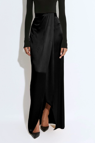 Satin Wrap Maxi Skirt | Black