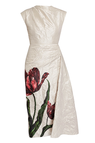 Floral Print Textured Satin Draped Midi Dress | Etched Tulip Cameo Pink