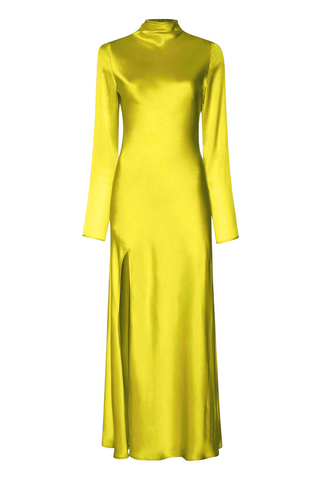 Satin Draped Neck Bias Dress | Chartreuse