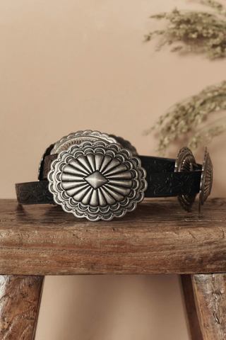 The Tooled Leather Concho Belt | Black With Silver