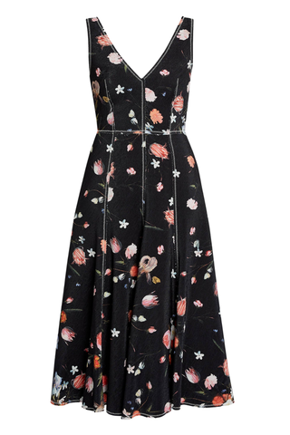 Floral Print Textured Twill Sleeveless Midi Dress | Dutch Flower Painting Black