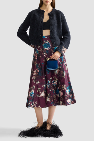 Floral Textured Satin A-Line Midi Skirt | Fonteyn Rose Burgundy