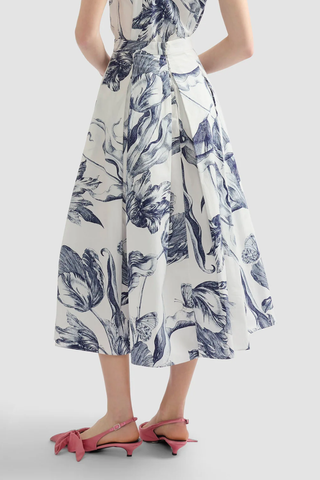 Floral Print Pleated Midi Skirt | Botanical Engraving Ivory