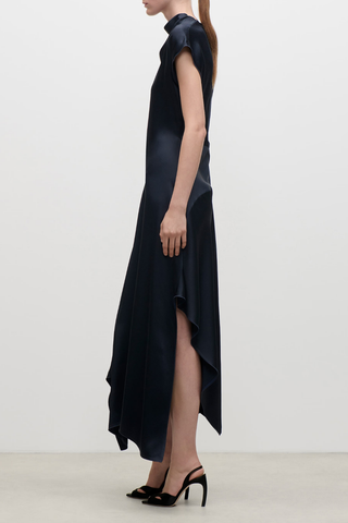 High Neck Draped Midi Dress | Dark Navy