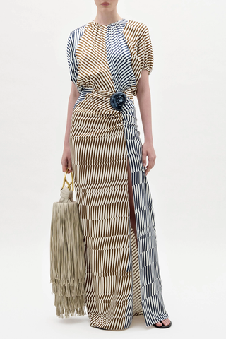 Kala Dress | Navy Brown Multidirectional Stripes