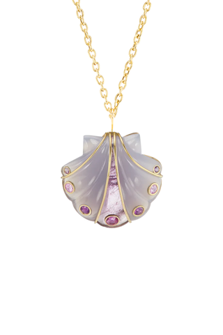 Small Stone Shell Pendant with Amethyst & Blue Chalcedony | Pink Sapphires