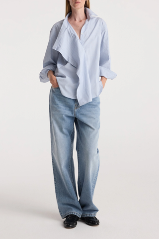 Draped Collar Shirt | Blue Stripe
