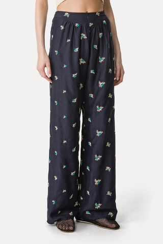 Elegant Trousers with "Petites Fleurs" Embroidery | Midnight
