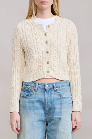 Cable Shrunken Cardigan | Ecru Slub