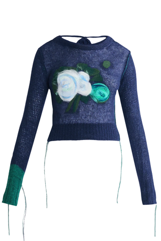 Floral Detail Open Stitch Cropped Jumper | Navy