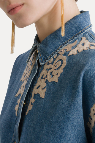 Embroidered Indigo Twill Boxy Shirt | Celeste