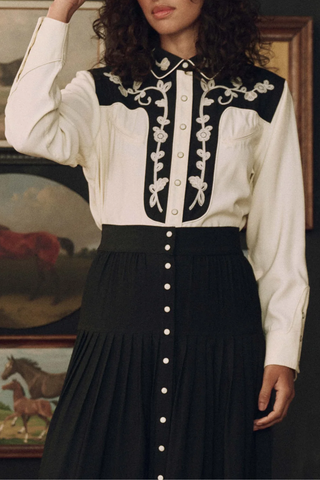 The Color Block Embroidered Western Shirt | Cream With Black