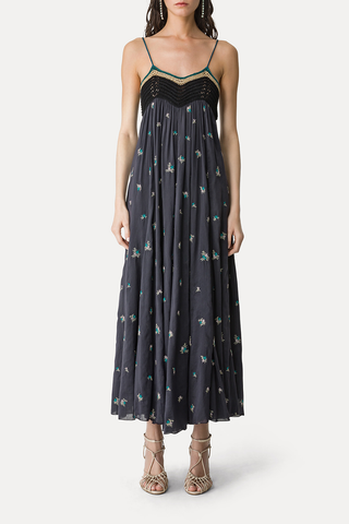 Voile Bustier Dress with "Petites Fleurs" Embroidery | Midnight